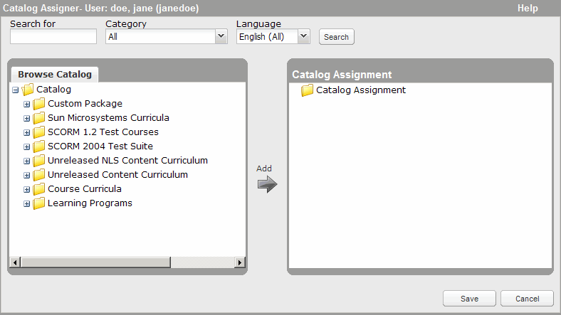 Catalog Assignment interface in which to assign curricula to an individual user
