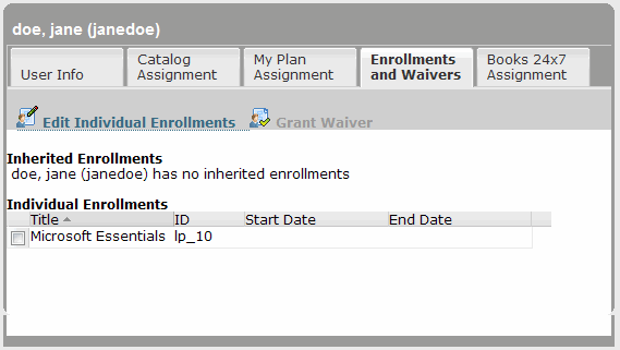 Enrollments and Waivers tab for an individual user