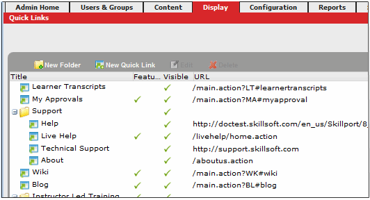 Quick Links page in the Administrator tool