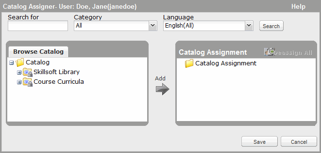 Catalog Assigner dialog box for an individual user