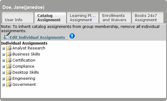 Individual Assignments in a user's Catalog Tab