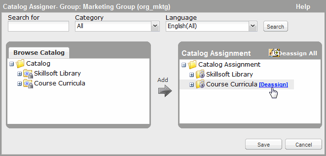 Deassign link in a group's Catalog Assigner