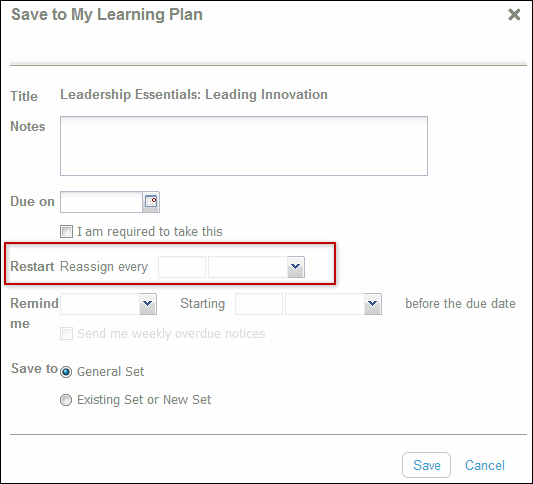 Save to My Learning Plan with Restart Enabled