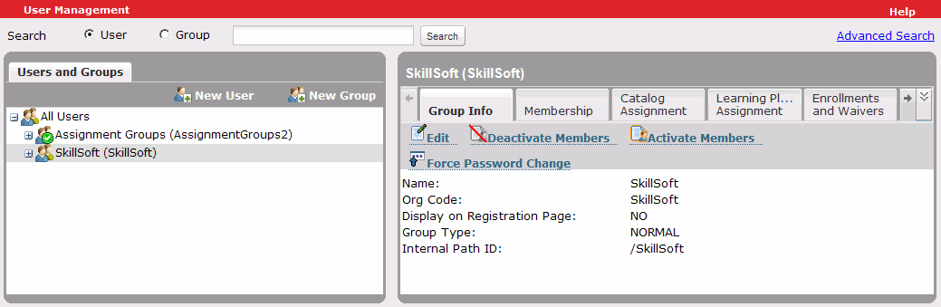 User Management page in Skillport Administrator