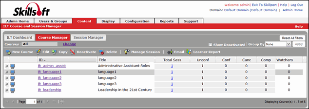 ILT Course Manager screen