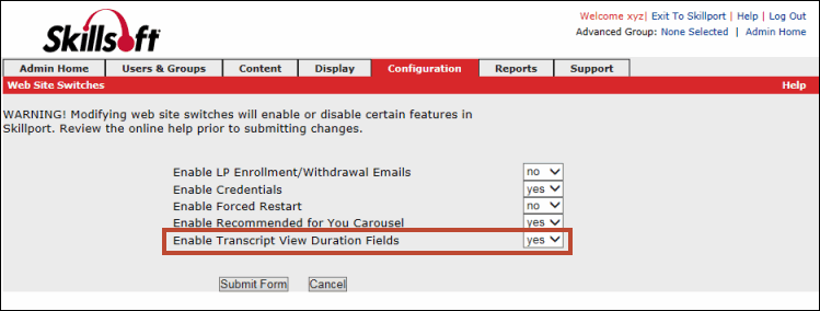 Enable the Duration fields in the Learner Transcript