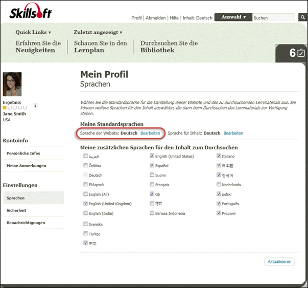 Link „Sprache der Website“ in „Mein Profil“