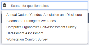 list of questionnaires that displays in the search for questionnaires field
