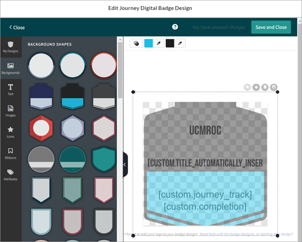 Badge designer. Left window shows available badge features. Right window shows the badge you are editing.