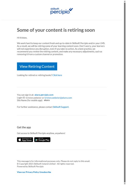 Content retiring soon email