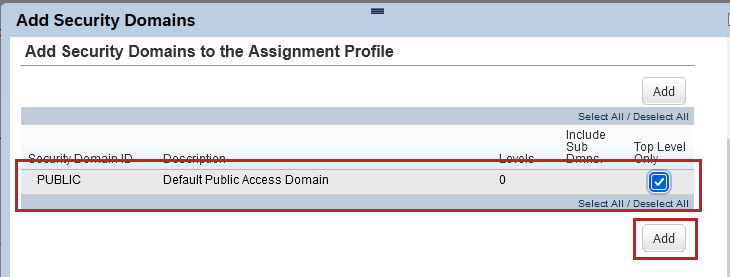 Selected security domain and add button