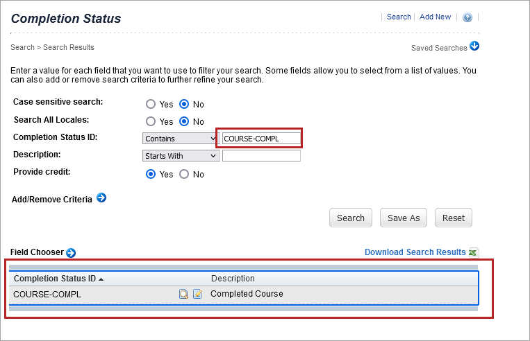 Completion status ID search