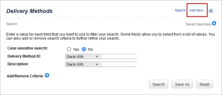 Add new button on delivery methods page