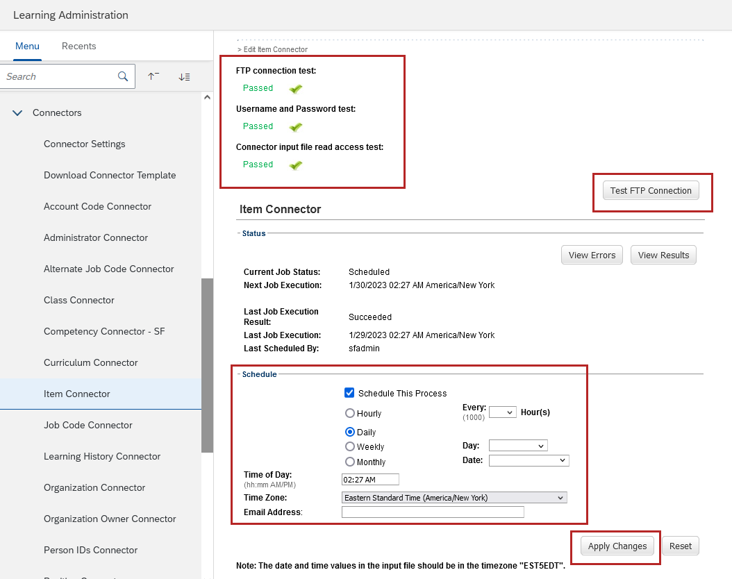 Apply changes button on item connector page