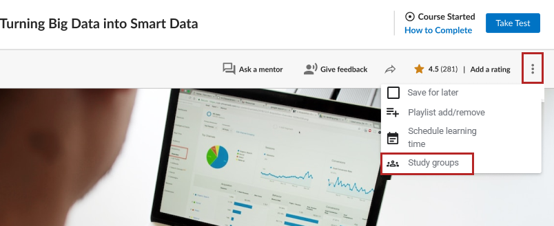 Screenshot of an open content item. The actions dropdown is open, showing the study groups option.