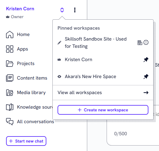 Workspace drop down menu expanded to show options