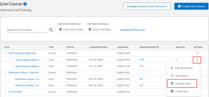 Live course page. Manage roster button in the actions dropdown next to each class.