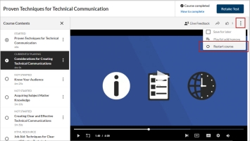 Restart course button on a course page