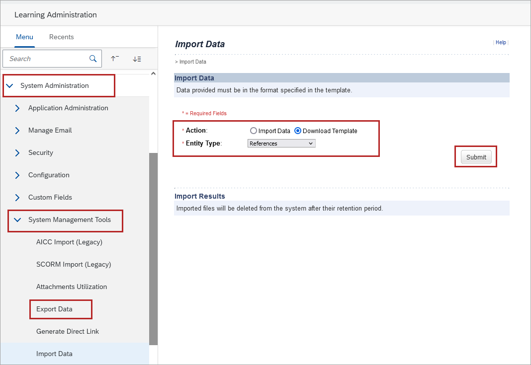 Entity type dropdown on import data page