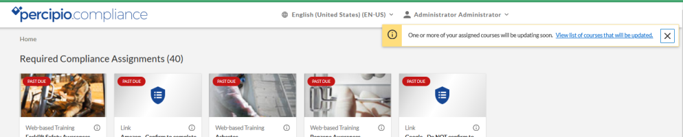 Message on compliance home page that alerts that courses will be updating soon
