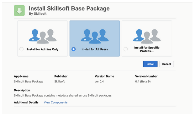 Options to select when installing the Skillsoft CAISY base package