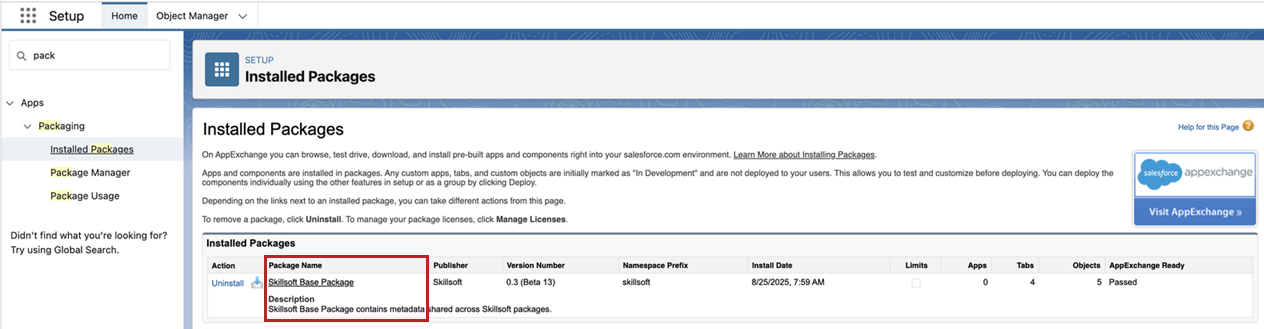 List in Salesforce showing installed packages including Skillsoft base package.