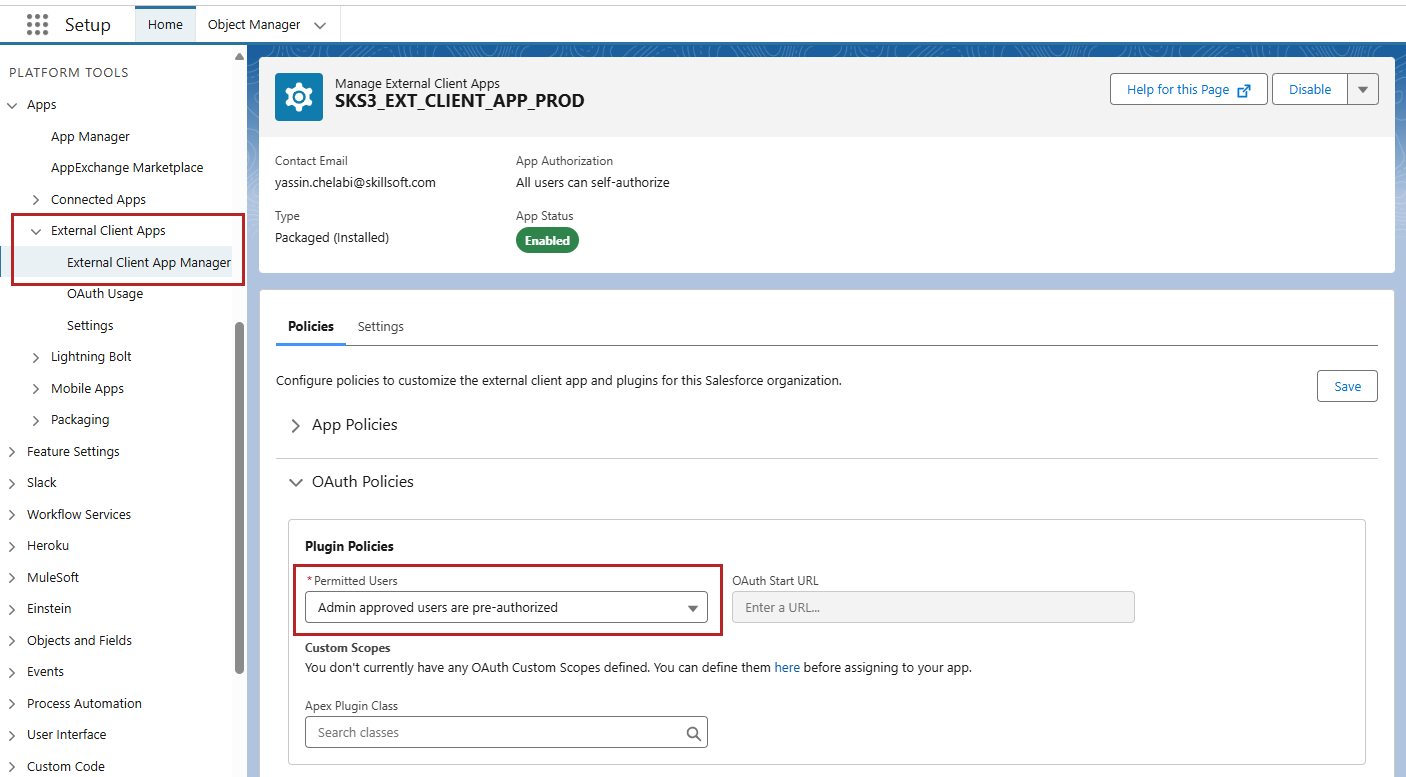 Salesforce showing plugin policies for SKSS_EXT_Client_APP_PROD