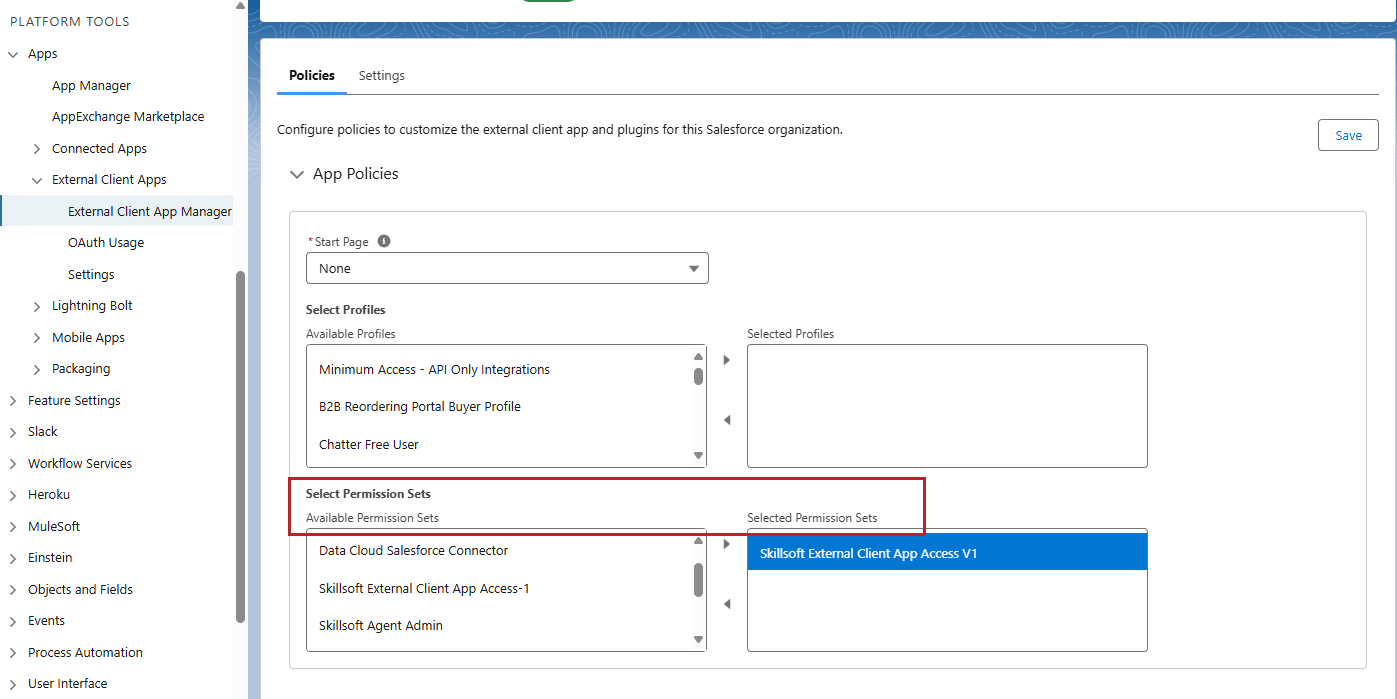 Salesforce External Client app manager with select permission sets highlighted