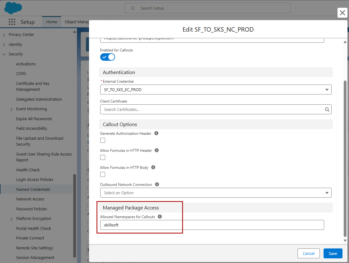 Salesforce with Managed Package access section highlighted and showing skillsoft entered