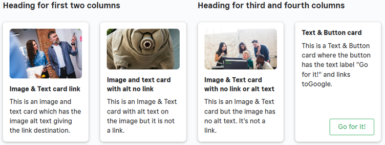 Screenshot of a page containing two headings with two cards below each heading, as described in the text. The page is laid out so the second heading and its two cards are to the right of the first heading and its two cards.