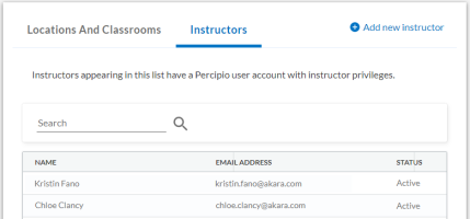 Manage location and instructors page with instructor tab open