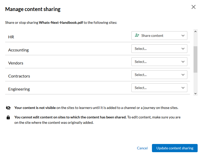 Manage content sharing page.