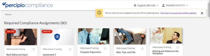 Compliance page with notification about assigned content being updated soon.