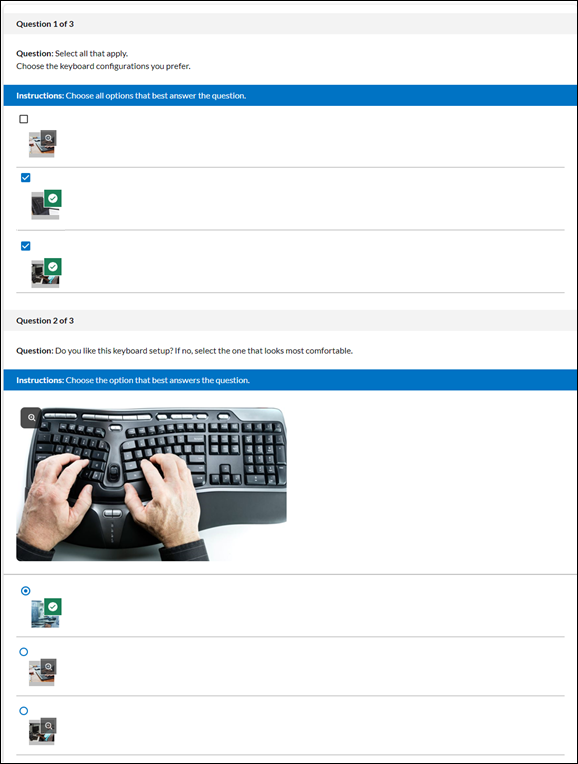 Example of a question with thumbnail images. Some of the thumbnails have checkmarks next to them, and some have a magnifying glass.