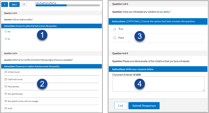 Four screenshots: The first is an example of a multiple choice question. The second is an example of a select all that apply question. The third is an example of an optional question. The fourth is an example of a write in question.