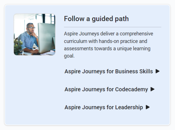 Screenshot of the follow a guided path box from the library. Has links for Aspire Journeys for Business Skills, Aspire Journeys for Codecademy, and Aspire Journeys for Leadership