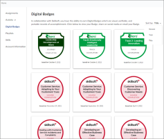 The Digital Badges page selected from My Profile drop down. This page contains a list of badge images earned by the learner.