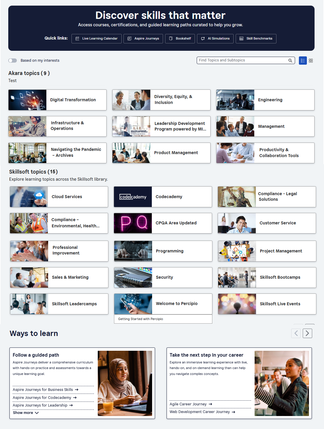 New library page with new banner and quick links in the banner, a setting to show topics based on your skill interests, a search box, a toggle to view graphics or just text, a section for your company's topics, a section for Skillsoft topics, and a Ways to Learn section that contains multiple boxes with links for different views of content. 