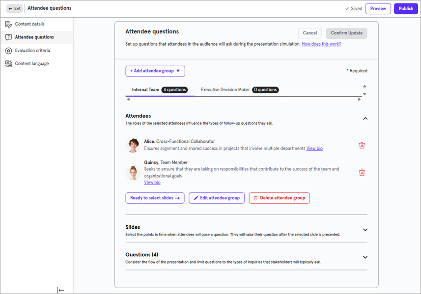 Attendee question pages showing attendees expanded and the slides and questions section collapsed.