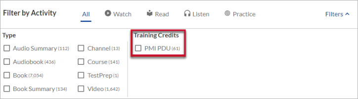 the Percipio filters with Training Credits circled in red