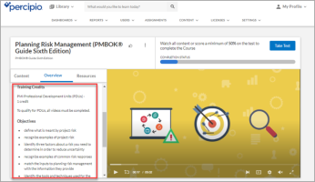 a Course Overview tab with the PMI PDU credit requirements circled in red