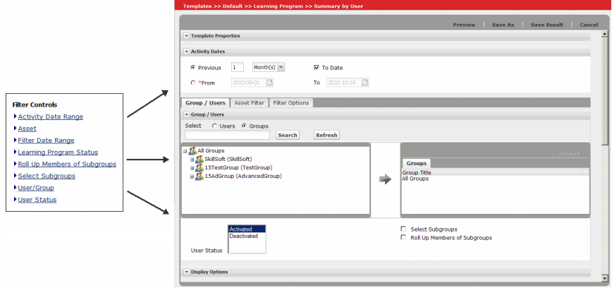 list of filters in a report definition and corresponding controls in the user interface