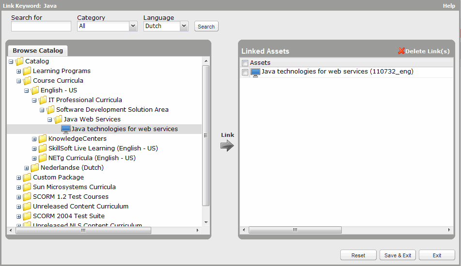 Link Keyword dialog showing Catalog on left and currently linked assets on right