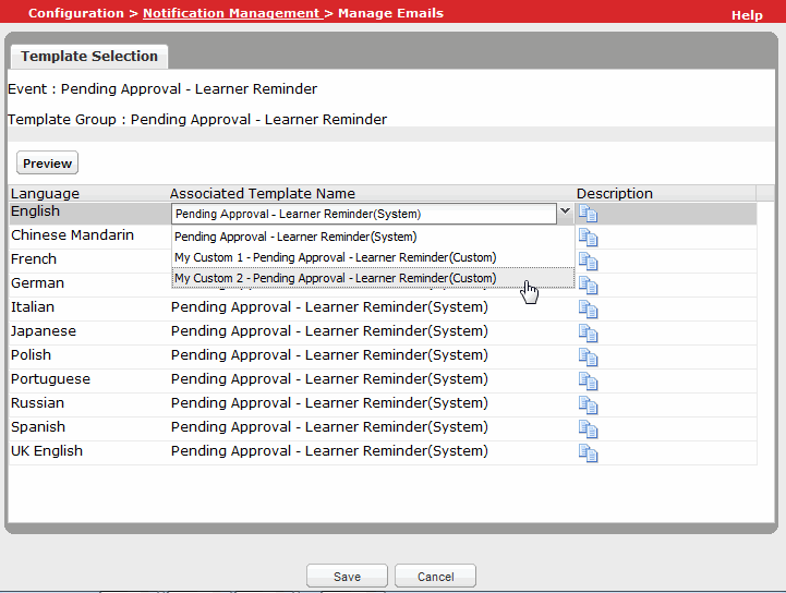 Manage Emails page showing an admin assigning a custom template to an event