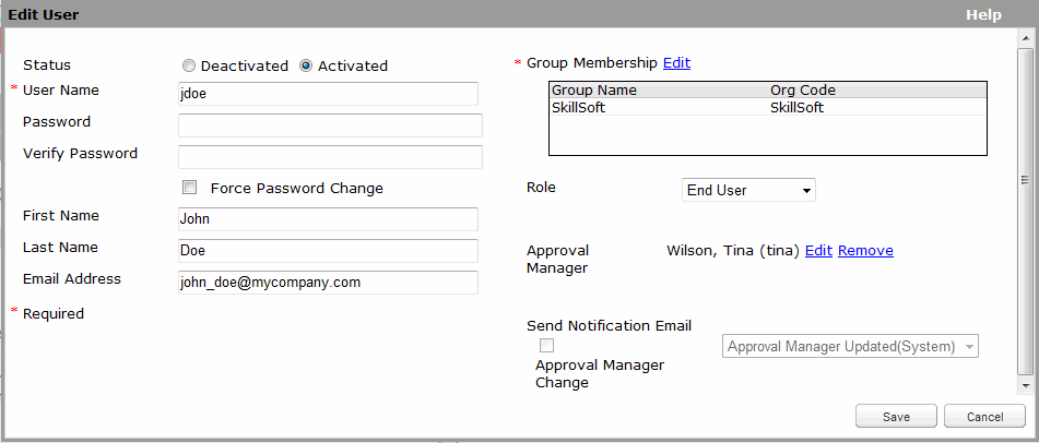 Edit User dialog box that shows a user with an assigned approval manager