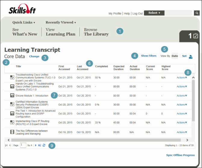 Learner Transcript page