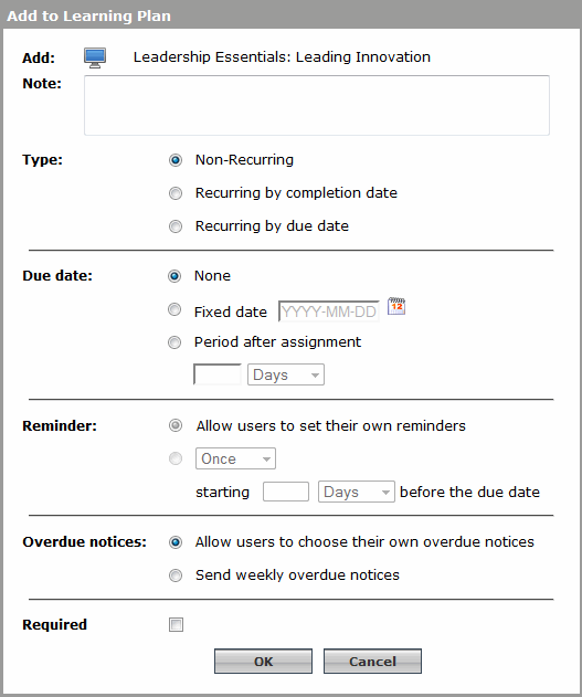 Add to Learning Plan dialog box when Recurrence is enabled