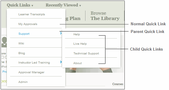 Quick links menu options in the skillport learner page