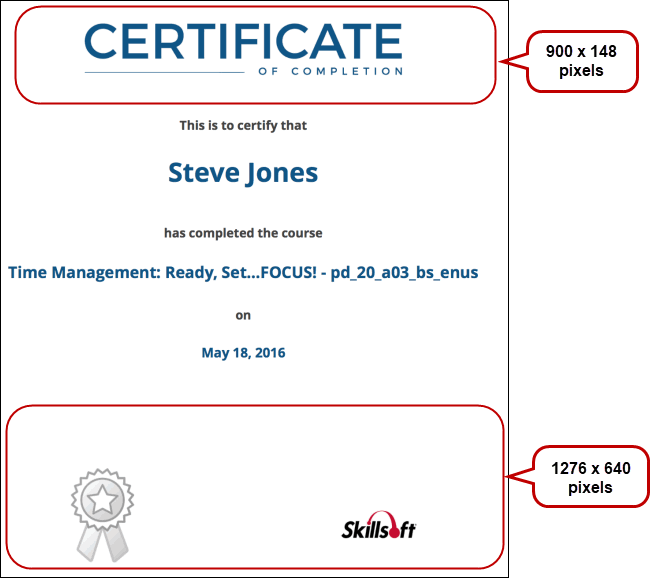 Example certificate of completion showing customizable areas