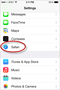 Safari option in Settings